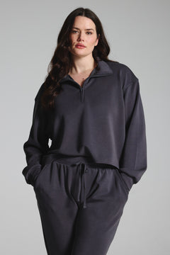 Charcoal Sand Washed Modal Mix Half Zip Sweatshirt