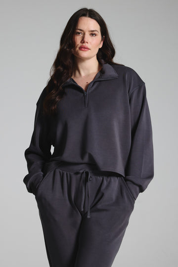 Charcoal Sand Washed Modal Mix Half Zip Sweatshirt