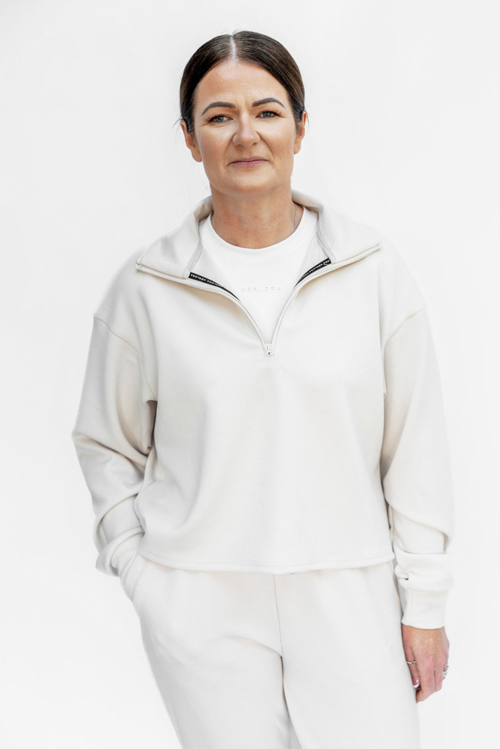 Cream Sand Washed Modal Mix Half Zip Sweatshirt