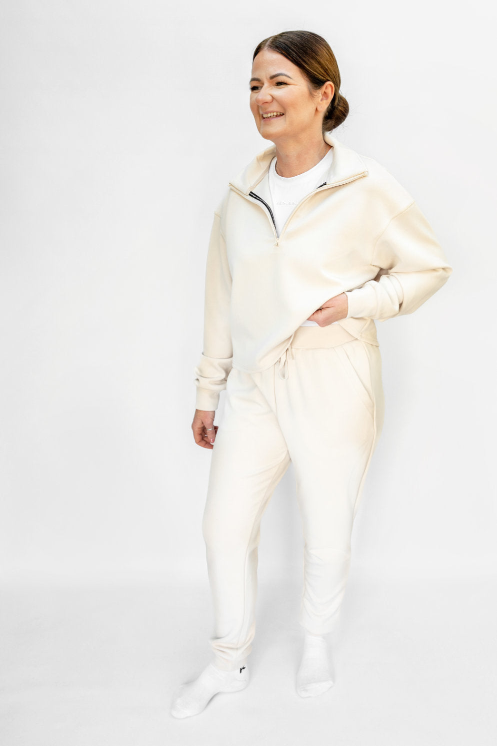 Cream Sand Washed Modal Mix Half Zip Sweatshirt