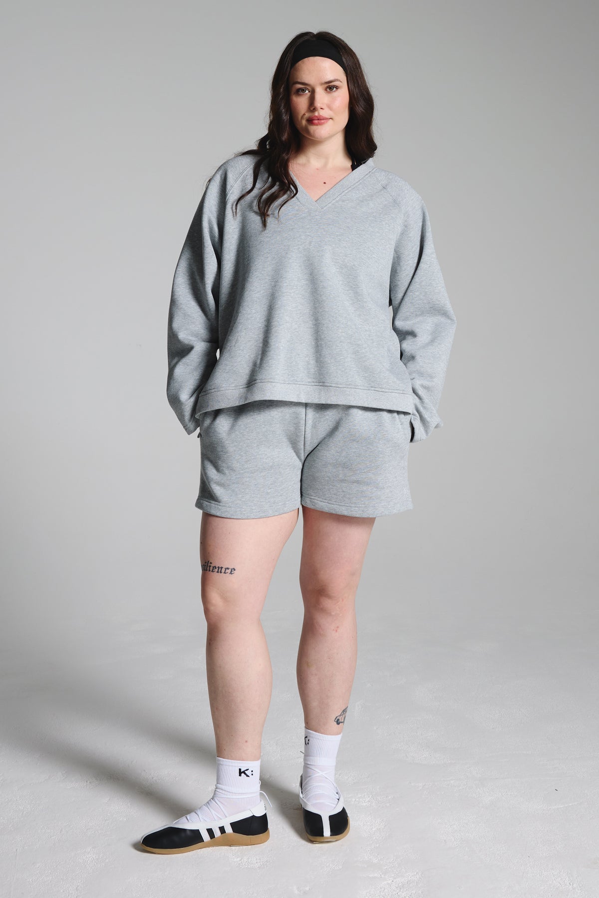 Cool Pebble Grey Fleece Lined Relaxed V Neck Sweatshirt