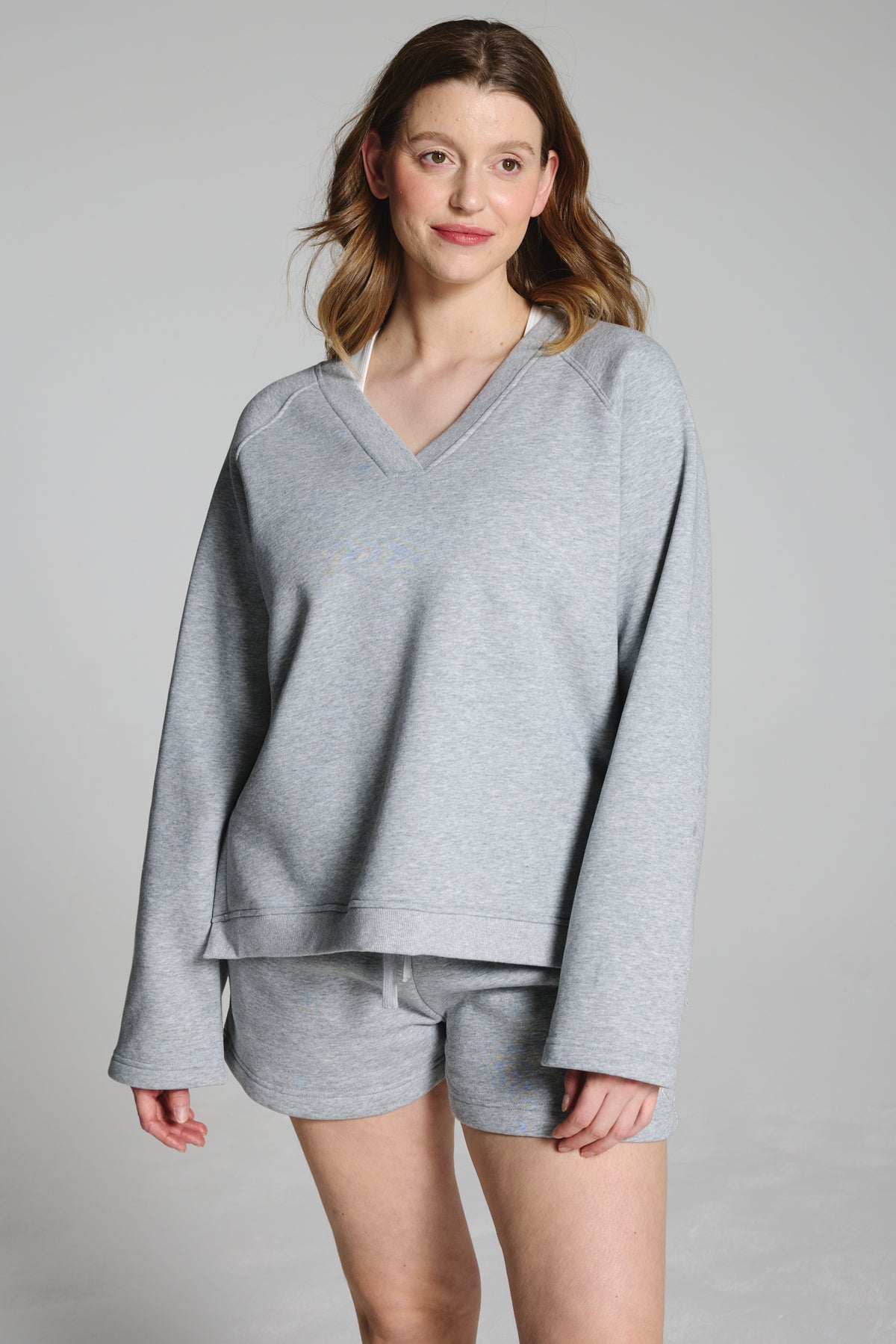 Cool Pebble Grey Fleece Lined Relaxed V Neck Sweatshirt